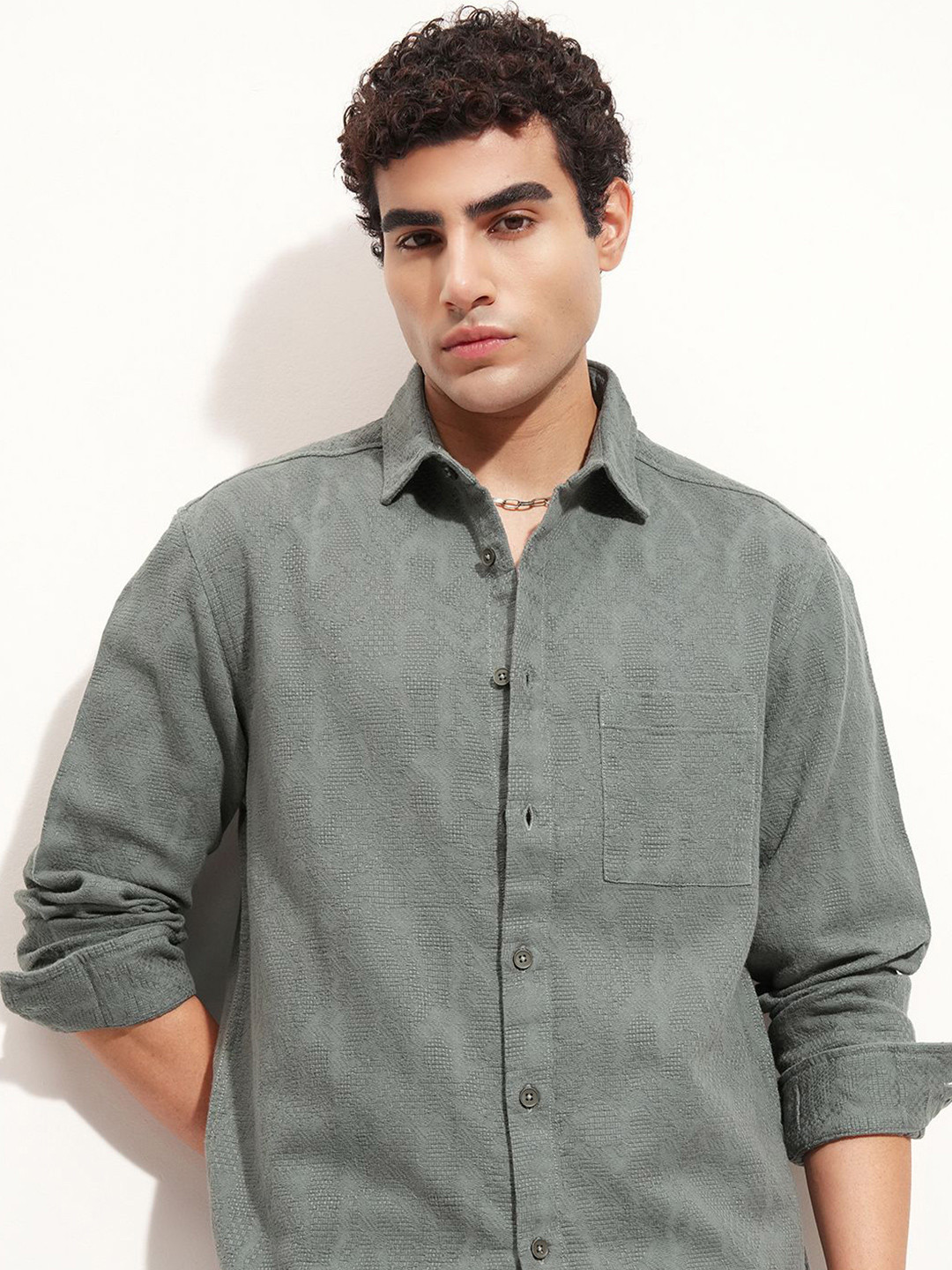 HIGHLANDER Realxed OverRegular Fit Regular Fit Shirt Textured Cutaway Collar Cotton Casual Regular Fit Shirt