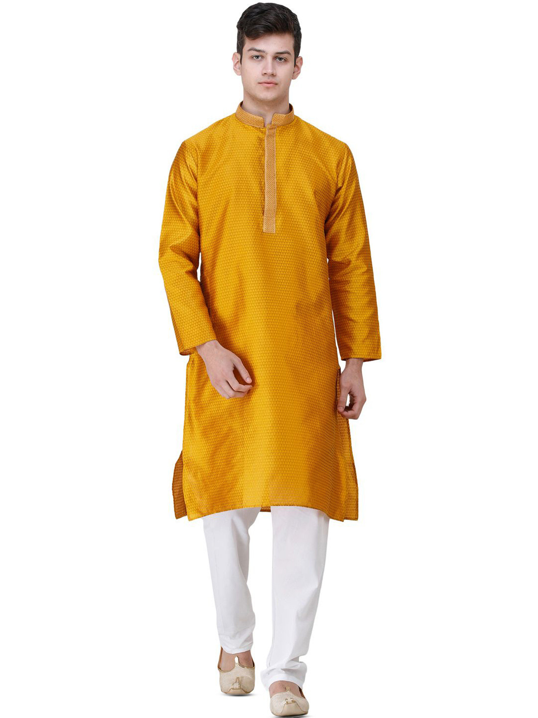 Exotic India Wedding Kurta Pajama Set with Embroidered Collar Jacquard Woven Paan Leaves