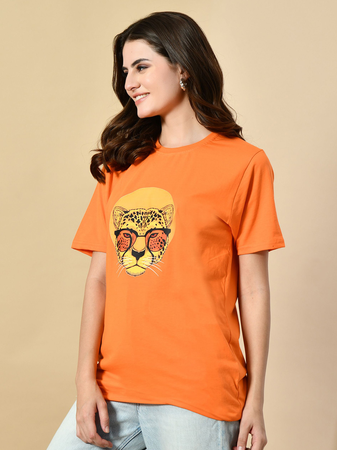 OYEEBRO Leopard Printed Round Neck Bio Finish Cotton T-shirt