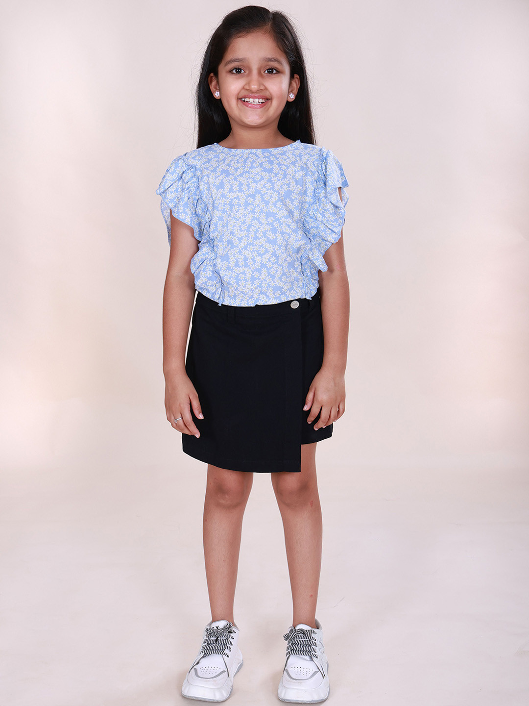 KiddoPanti Girls Printed Frill  Sleeve Top & Cotton Over Lap Skort Clothing Set