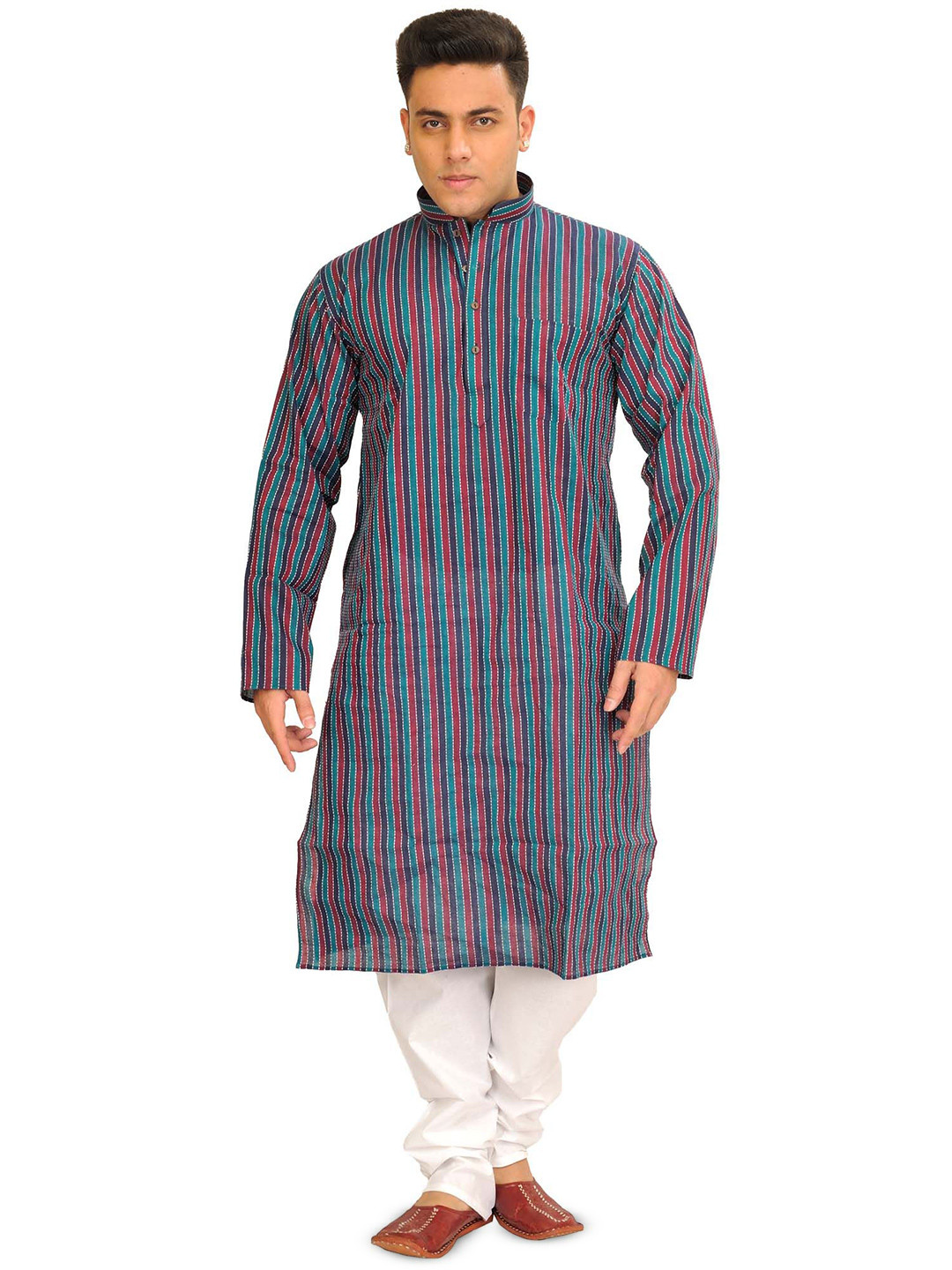 Exotic India Men Casual Kurta Pajama Set with Printed Stripes and Straight Stitch
