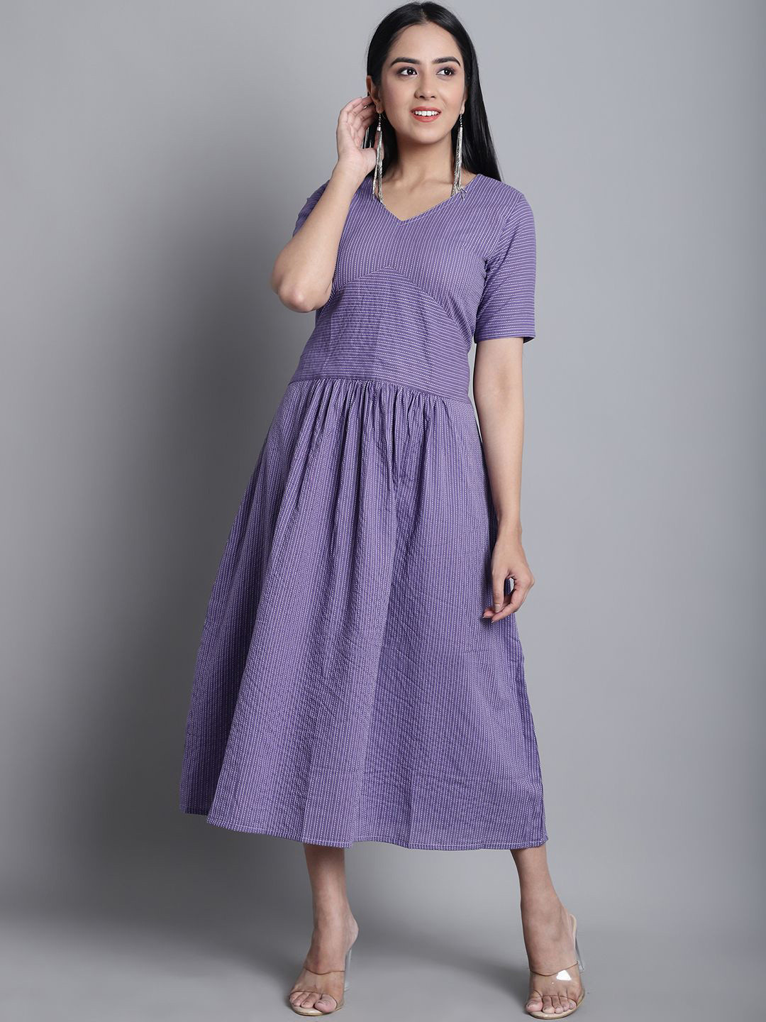 CORSICA Women's  Purple Printed Cotton A-Line Women's Dress