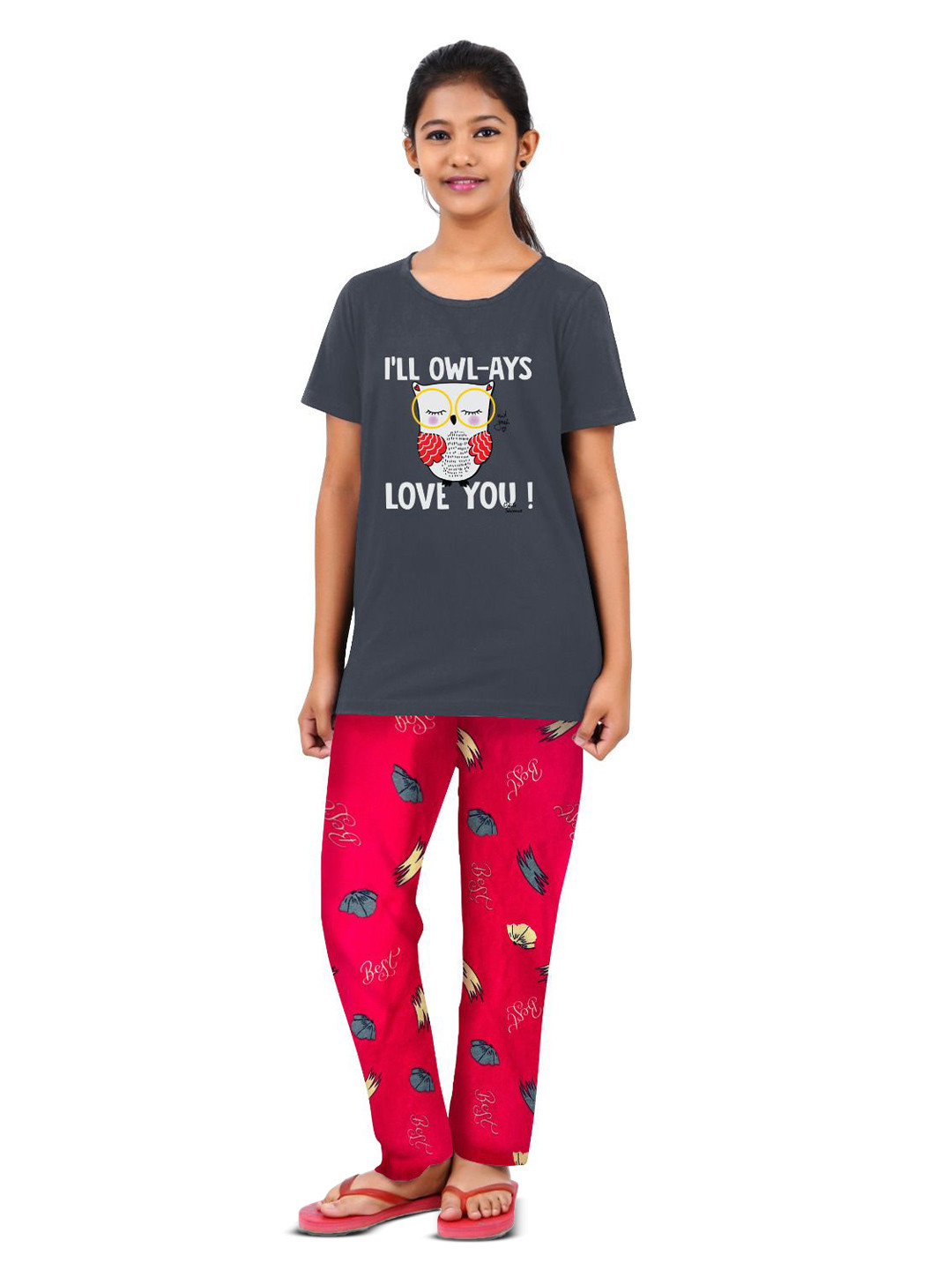 GCYX Girls Graphic Printed Short Sleeves Pure Cotton T-shirt With Pyjama
