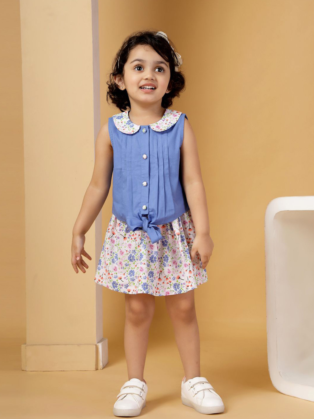 Budding Bees Girls Peter Pan Collar Pure Cotton Top With Skirt