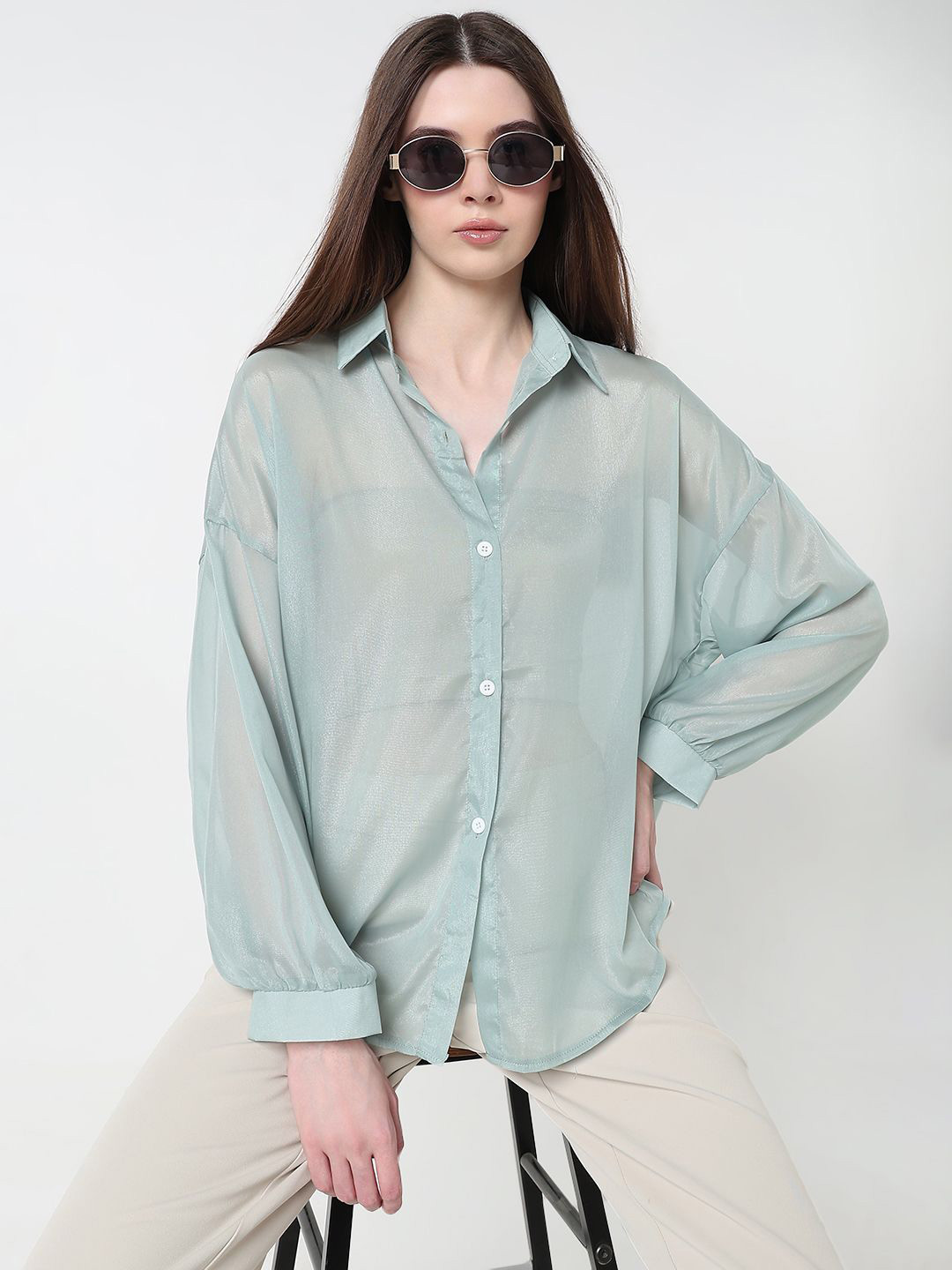 SHOWOFF Spread Collar Long Sleeves Relaxed Fit Semi Sheer Chiffon Shirt