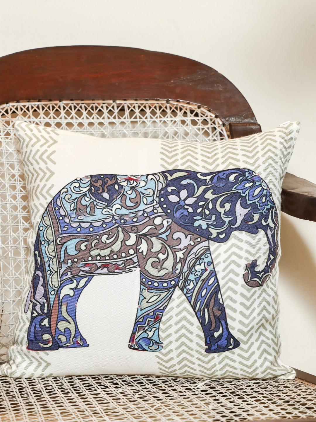 Crown of Poppies Elephant Walk Blue Animal Printed Cotton Square Cushion Covers