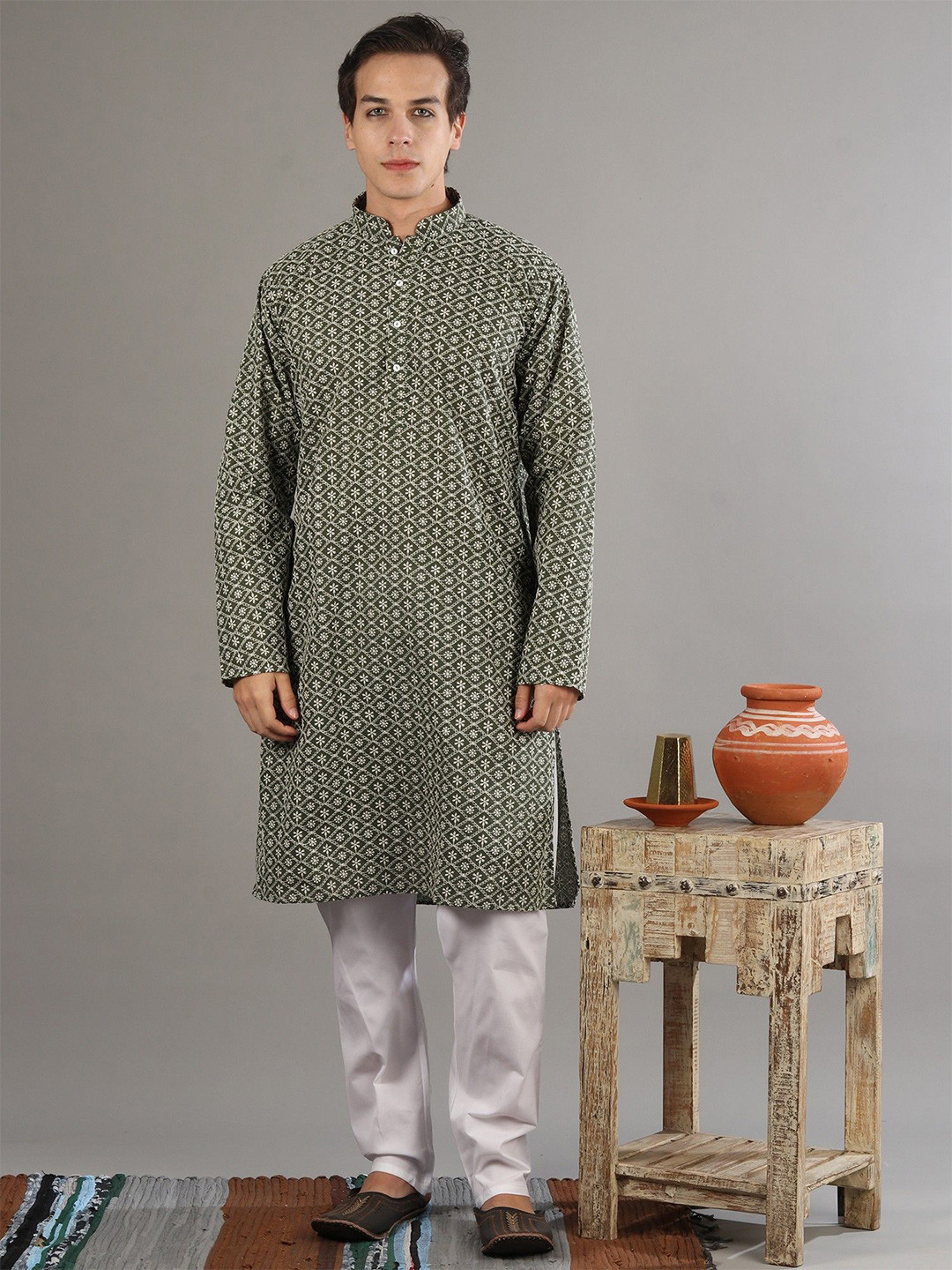 Exotic India Men Star Lattice Embroidery Deep Forest Green Kurta with White Pajama Set