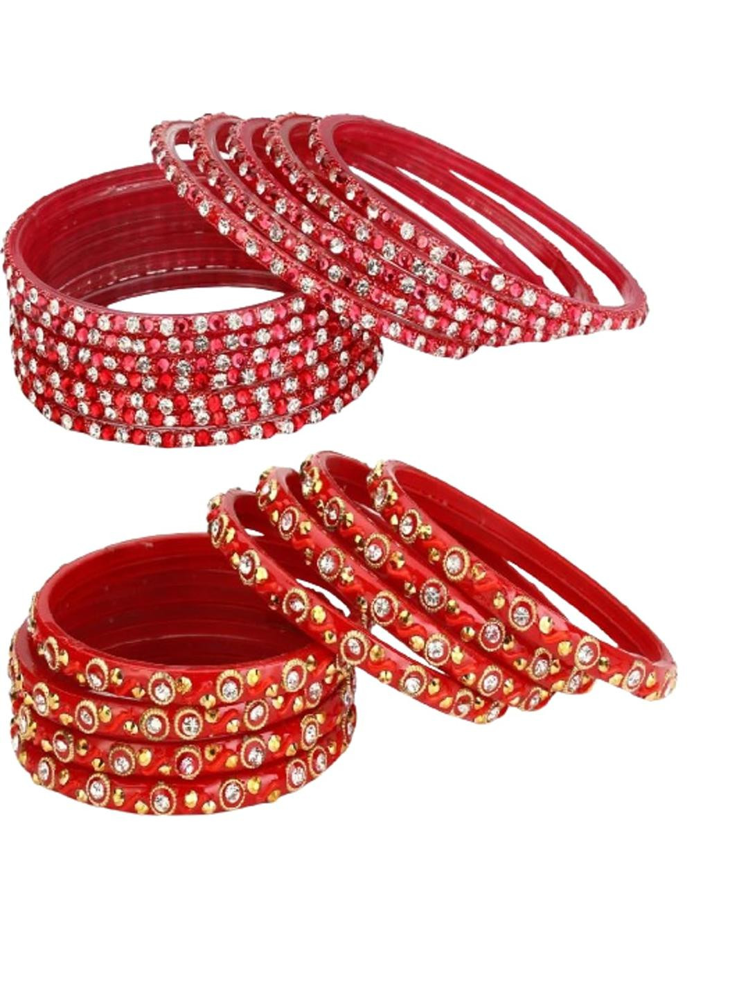 Somil Stylish Glass & Fancy Bangle/Kada Set of 20 Red & Red, Combo Of 2 Set