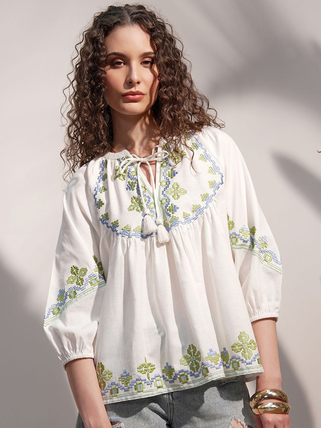 Vara By Vishudh ESelf Design Embroidered Tie-Up Neck Puff Sleeves Cotton Top