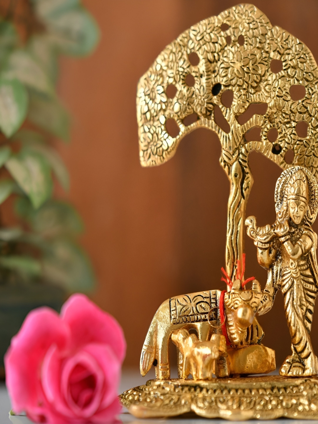 Aura Gold-Toned Krishna With Cow Calf Under Tree Showpiece