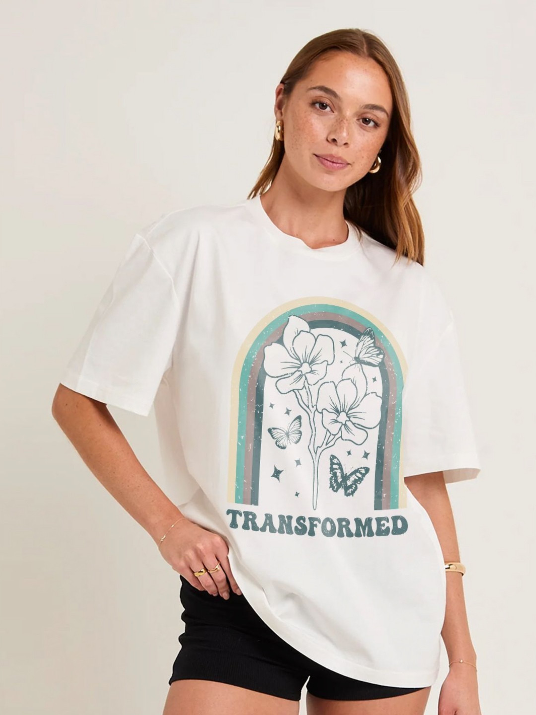 PRONK Flourish Arc Floral Printed Drop-Shoulder Sleeves Oversized Cotton T-shirt