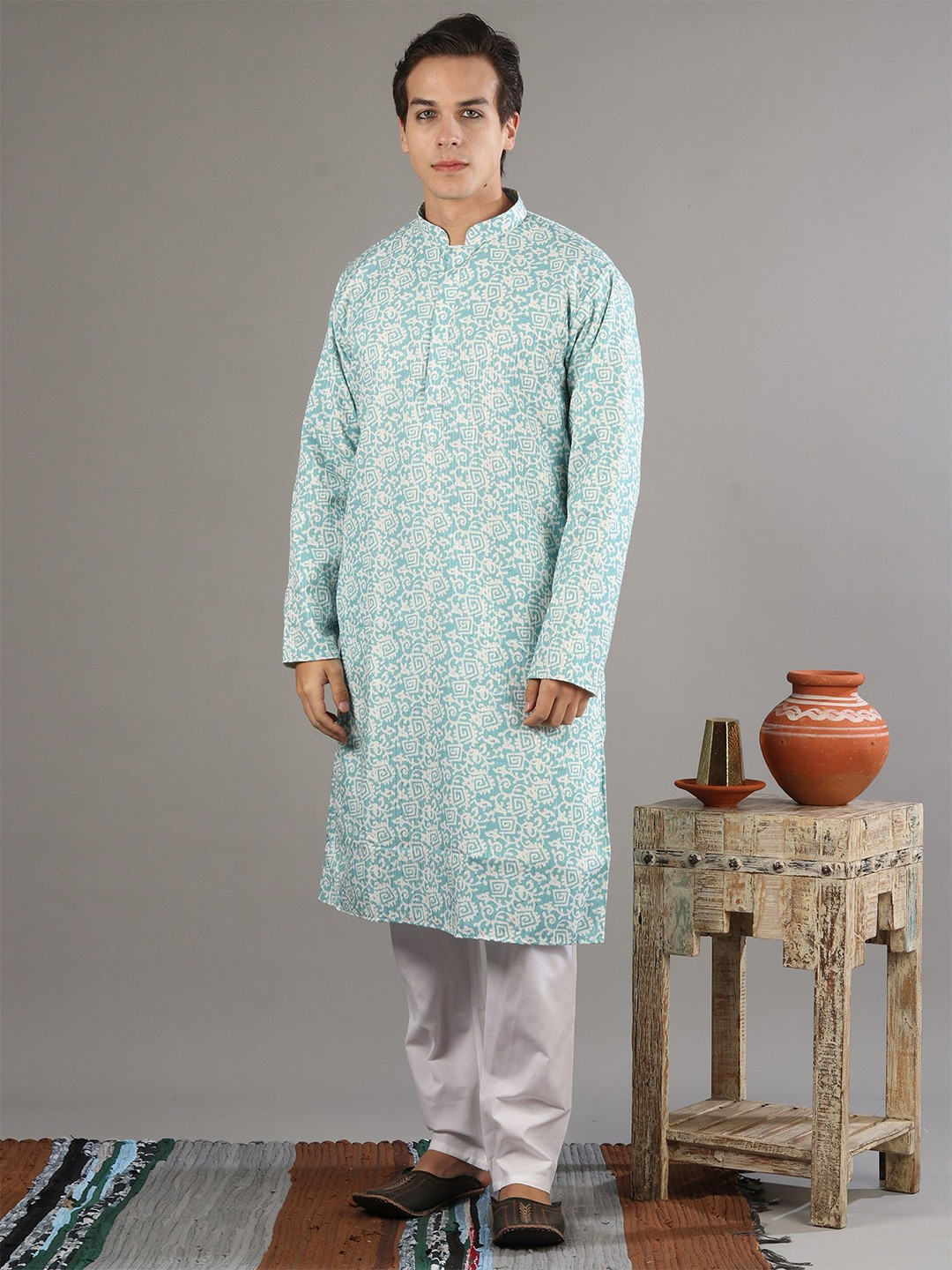 Exotic India Men Batik Print Sequin Work Cotton Silk Kurta with White Pajama Set