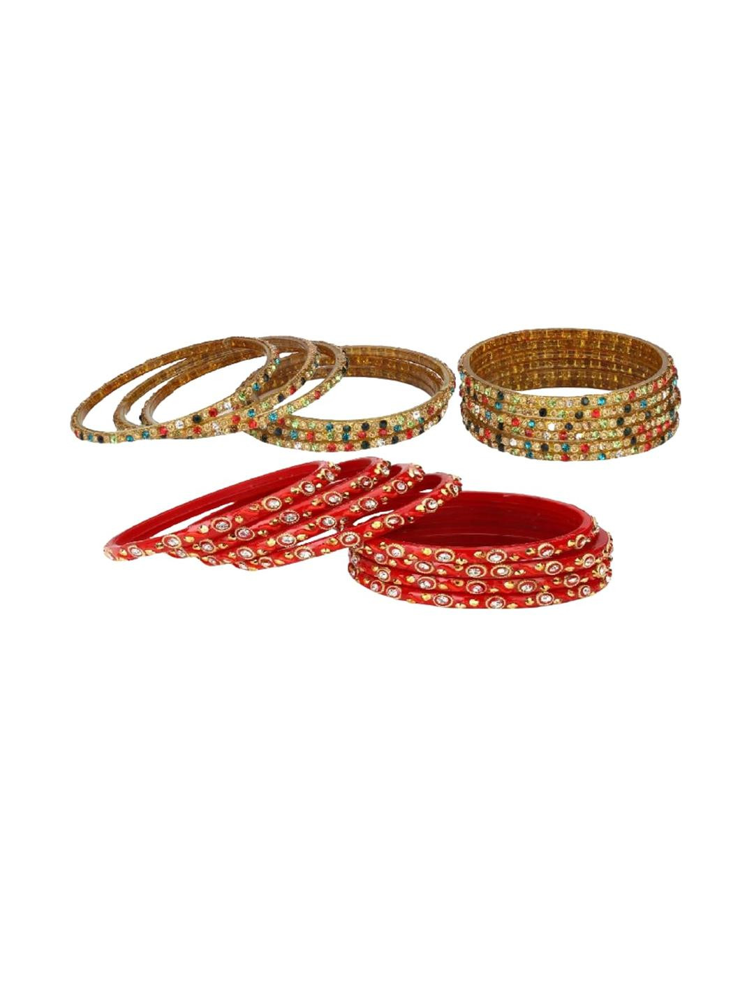 Somil Stylish Glass & Fancy Bangle/Kada Set Multicolor & Red, Combo Of 2 Set