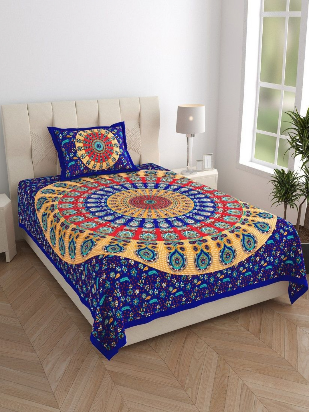 MANDAKINI Blue & Yellow Ethnic Printed 144 TC Cotton Single Bedsheet Set 1.82 m x 1.21 m