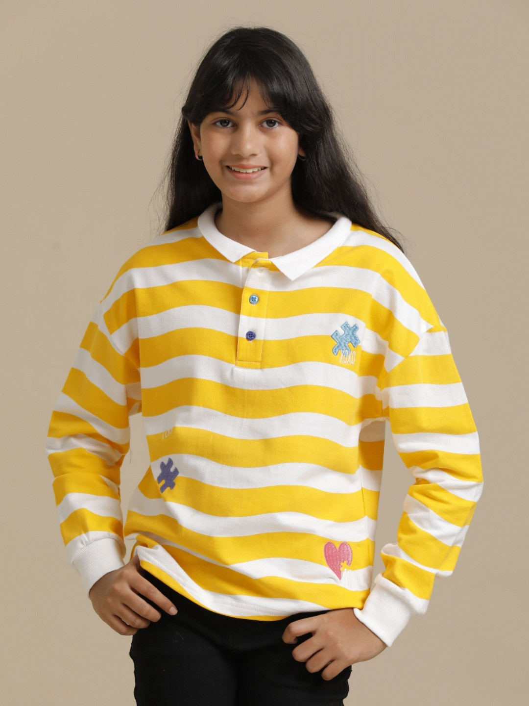 UNDER FOURTEEN ONLY Girls Striped Henley Neck Cotton T-shirt