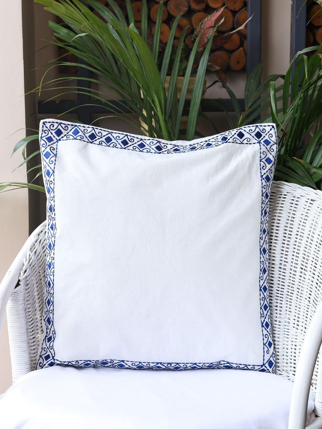 Crown of Poppies White & Blue Indigo Impressions Embroidered Cotton Square Cushion Cover