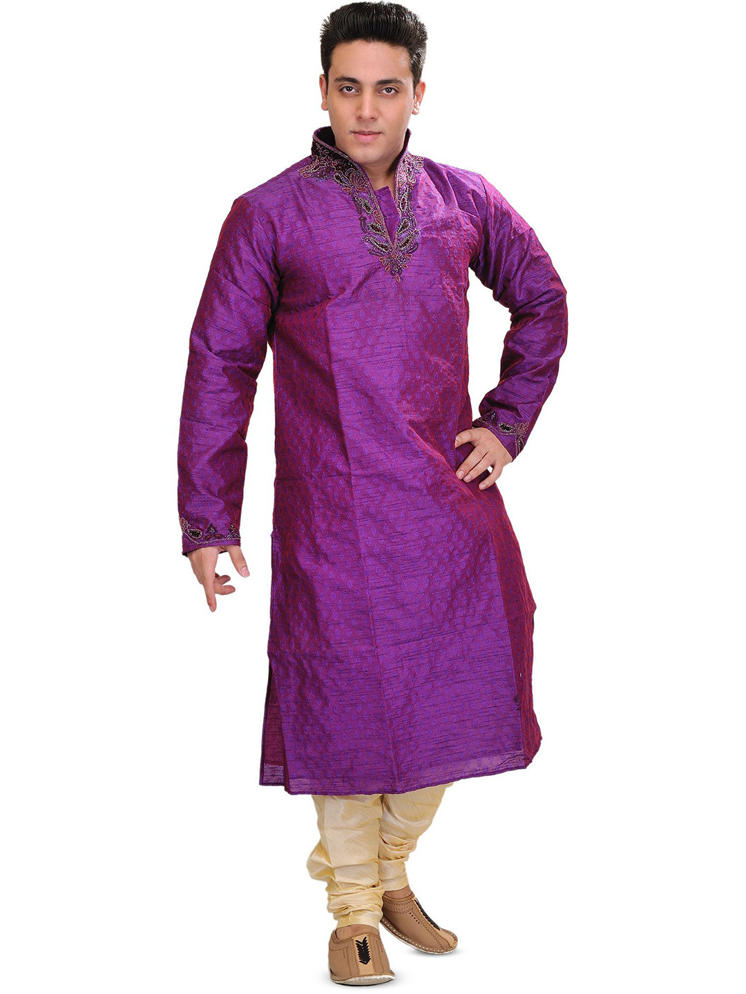 Exotic India Men Bright-Violet Kurta Pajama Set with Self-Weave and Beaded Neck