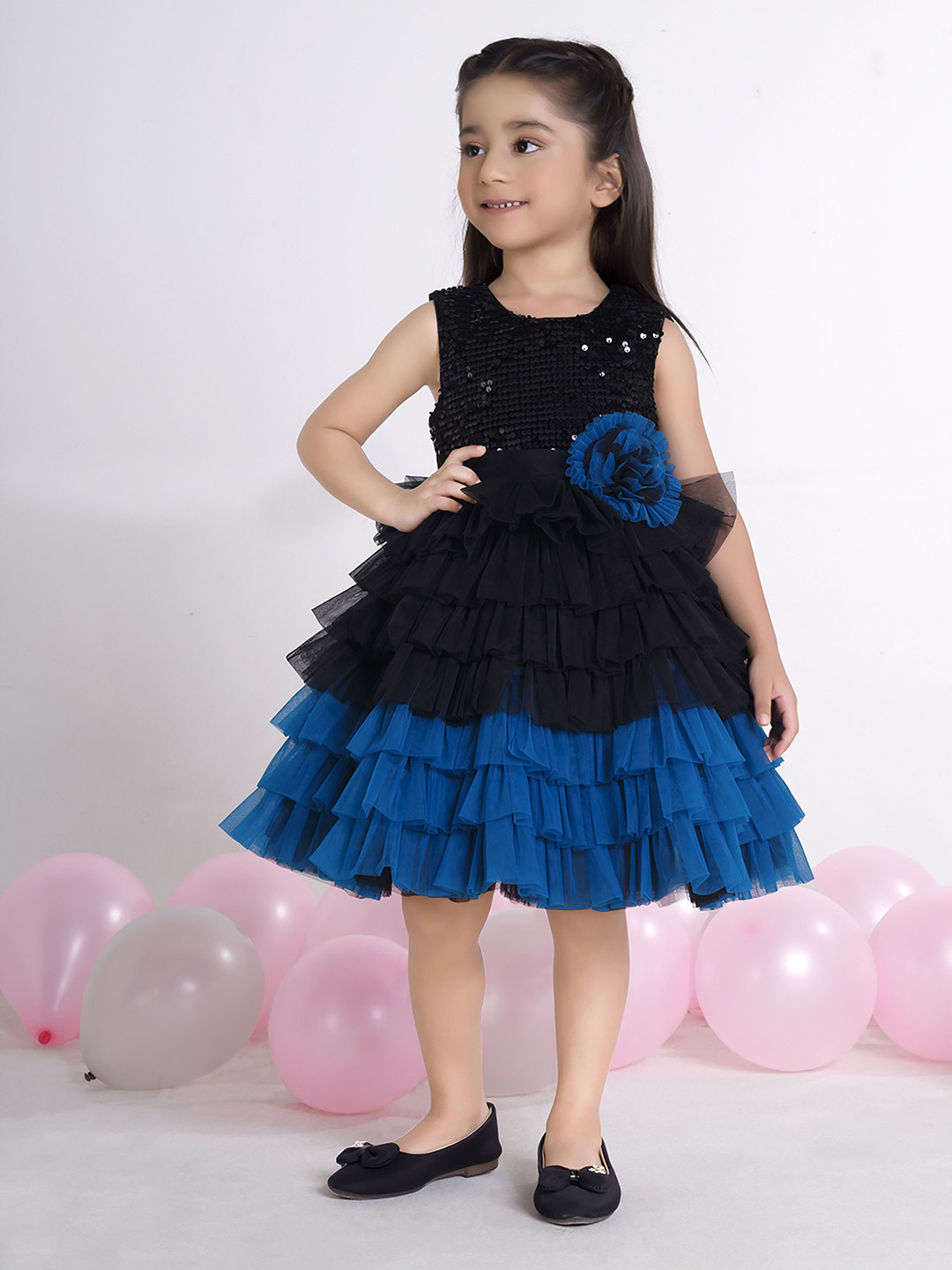 Ministitch Girls Colourblocked Layered Ruffle Sequin Net Fit & Flare Dress