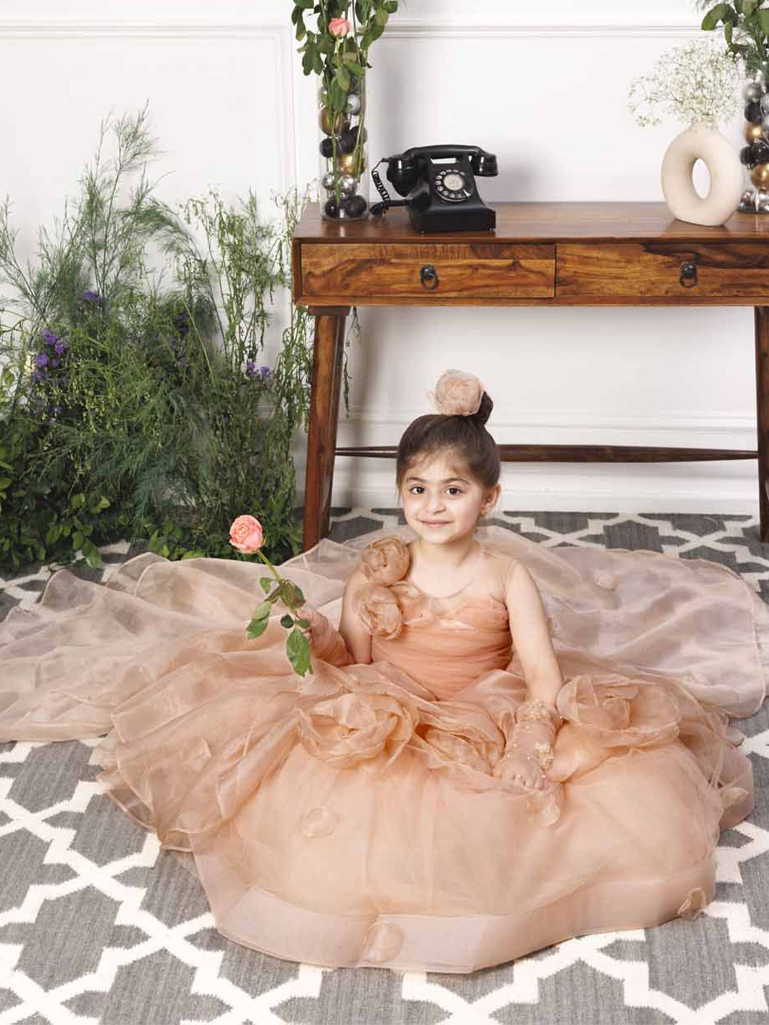 The Lush Affair Girls Charlene Floral Embroidered Flutter Sleeve Gown Dress