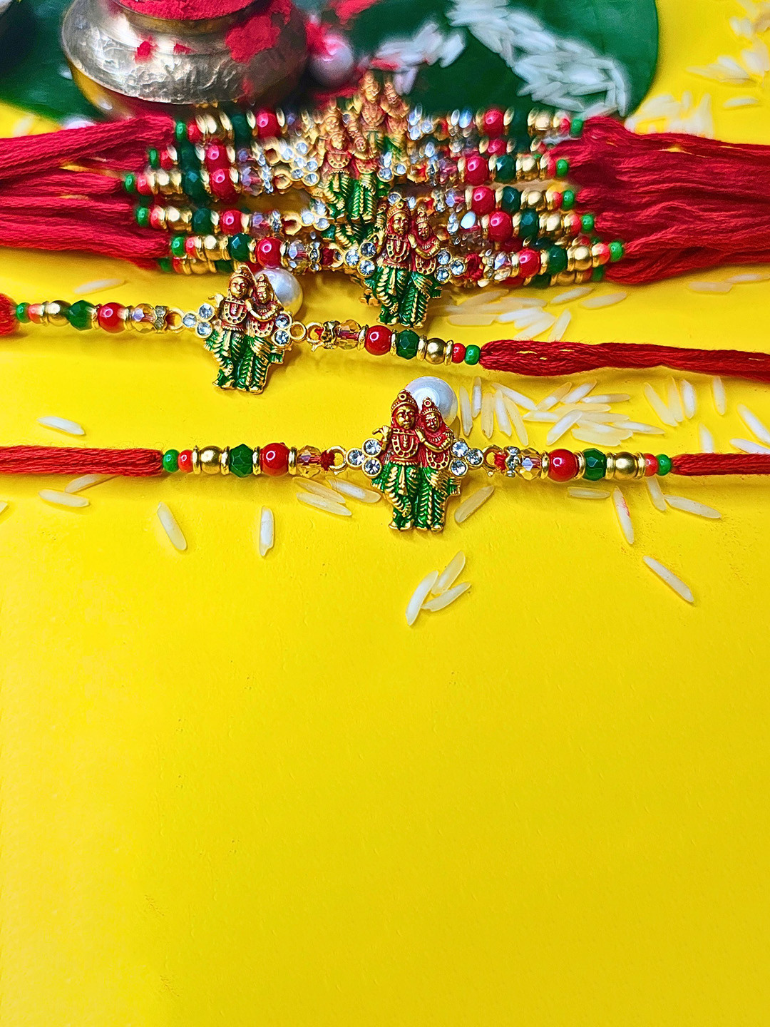 MANSIYAORANGE Set Of 12 AD Stones Studded & Beaded Cotton Thread Rakhi