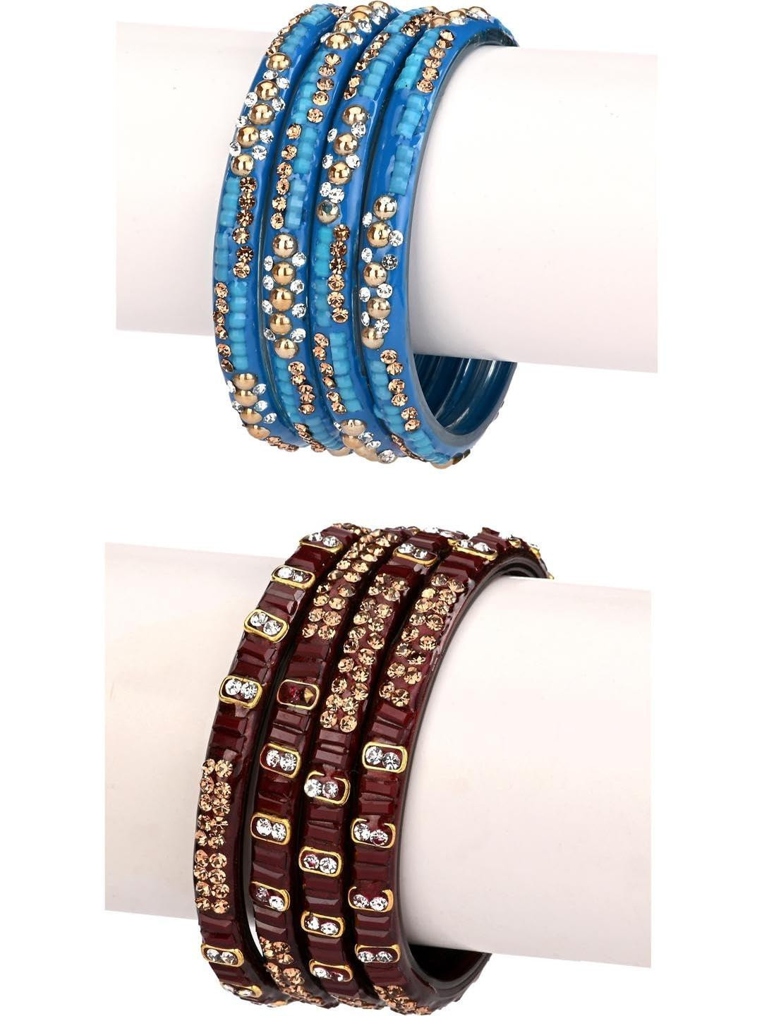 Somil Stylish Glass Fashion Bangles/Kadas set of 8, Combo Of 2 Set, Blue & Brown