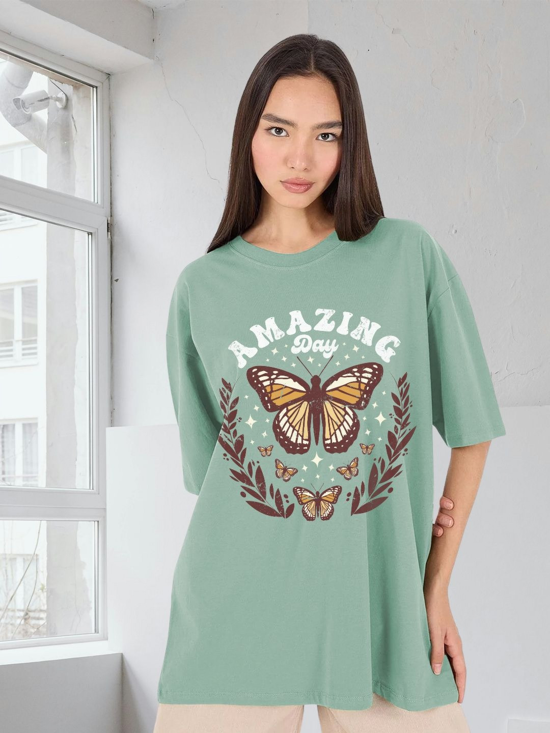 PRONK Amazing Day Graphic Printed Drop-Shoulder Sleeves Oversized Cotton T-shirt