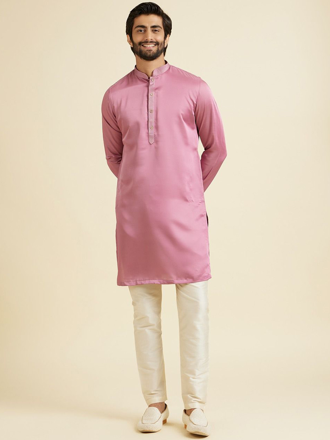 Manyavar Satin Mandarin Collar Kurta With Pyjamas