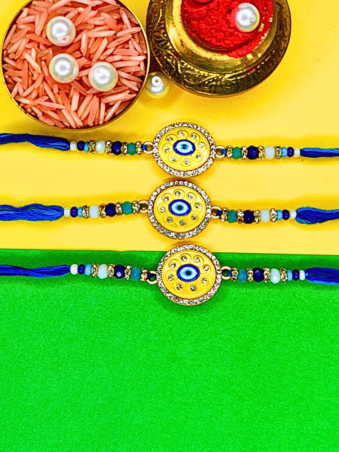MANSIYAORANGE Set Of 3 Evil Eye Cotton Thread With AD Stones & Meenakari  Rakhi