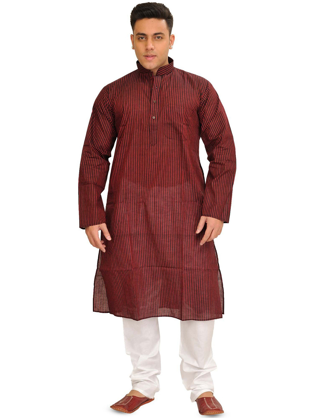 Exotic India Men Striped Printed Casual Kurta Pajama Set