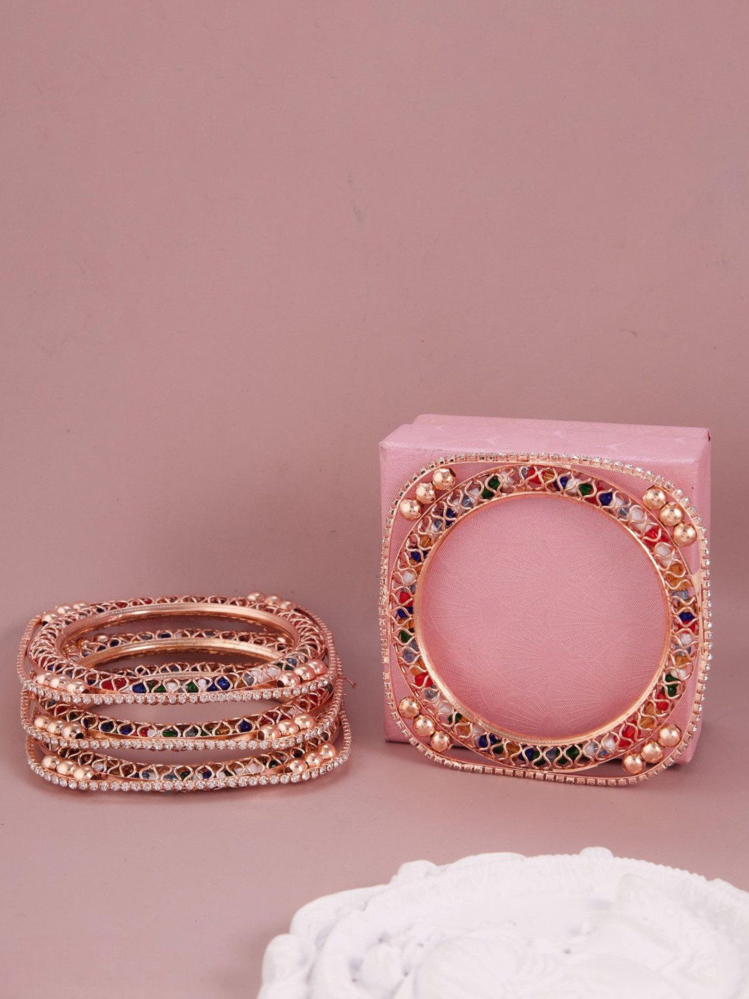 GC PREMIUM JEWELLERY Set Of 4 Rose Gold-Plated Kundan-Studded & Beaded Bangles