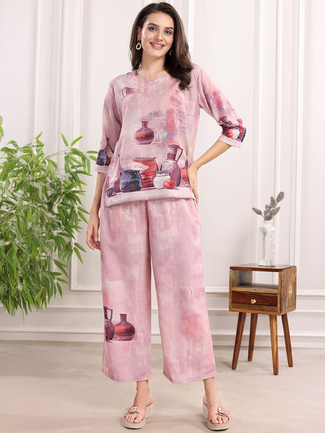 NIGHT FLOSS Printed Round Neck Tunic With Palazzo Co-Ords