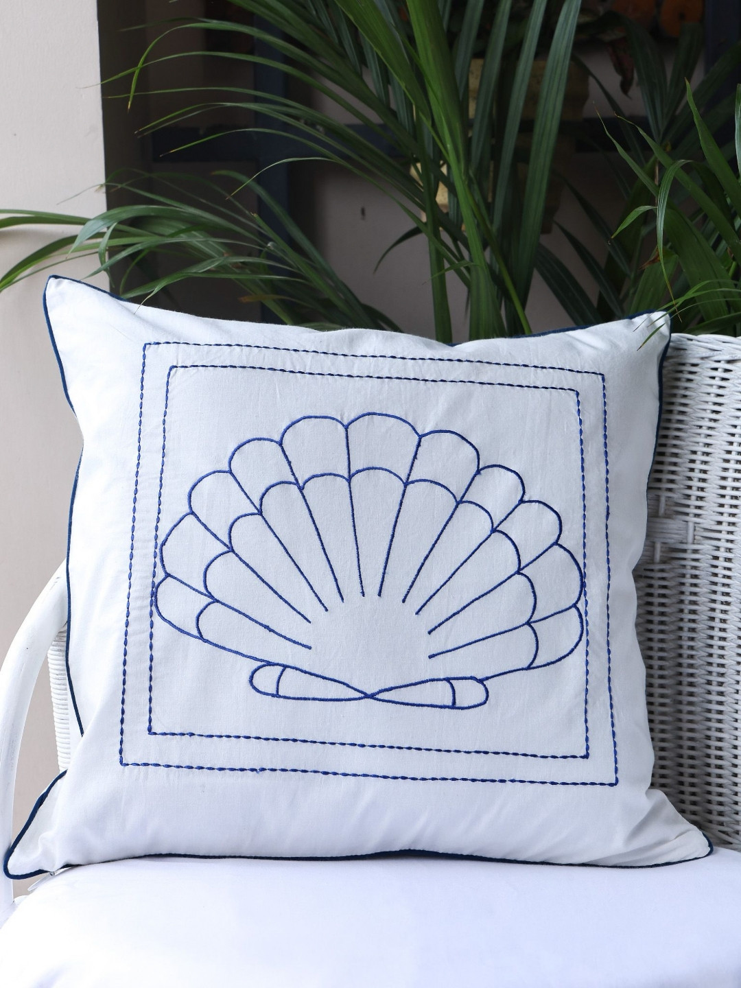 Crown of Poppies Coastal Calm White Floral Embroidered Cotton Square Cushion Covers