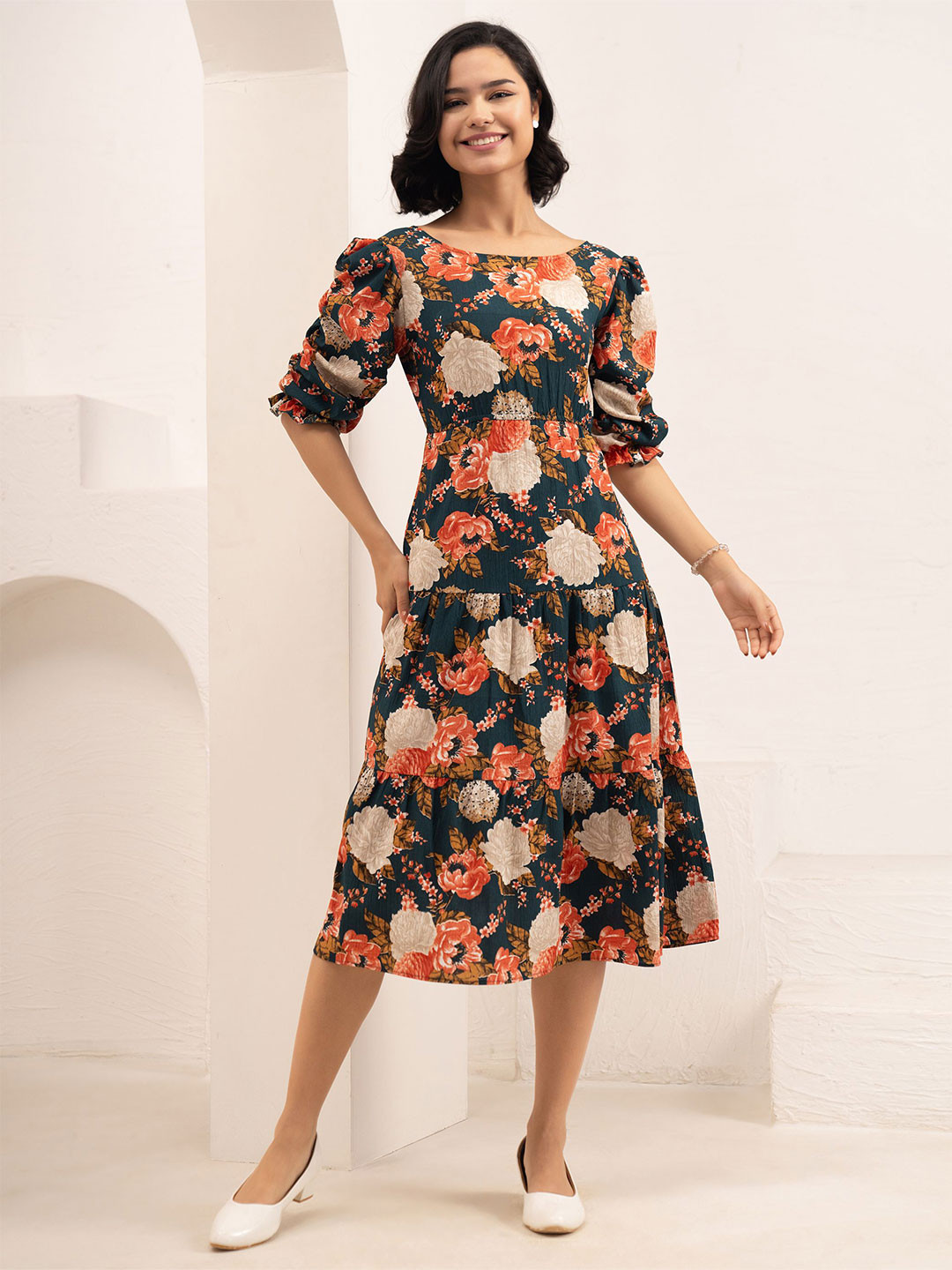 AASK Women's Orange Printed Delta Crepe Fit and Flare Midi Dress