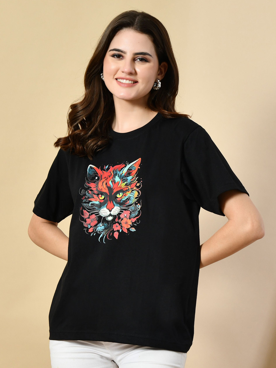 OYEEBRO Vibrant Artistic Cat Printed Round Neck Bio Finish Cotton T-shirt