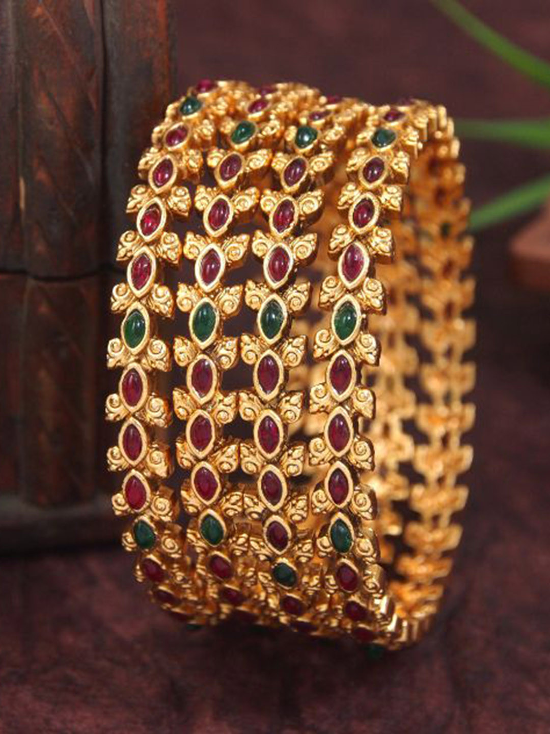 SGA FASHION Set Of 4 Gold-Plated Flower Traditional Temple Bangles