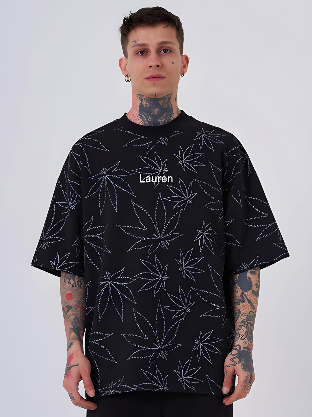 LAUREN ADAMS Floral Printed Round Neck Drop-Shoulder Sleeves Pure Cotton Oversized T-shirt