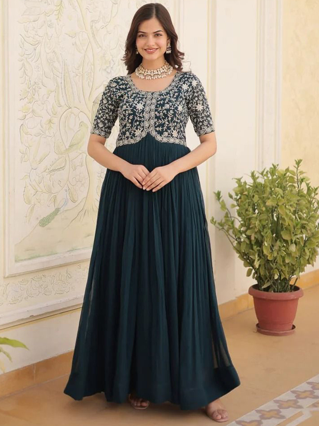 FoxDX Ethnic Motifs Embroidered Flared Maxi Dress