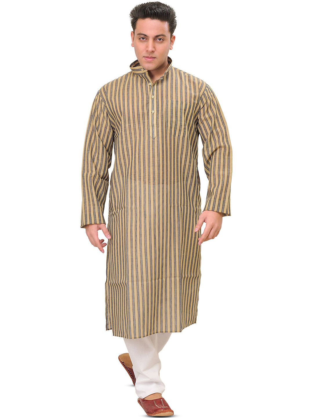 Exotic India Wide Woven Striped Mandarin Collar Kurta With Pyjama