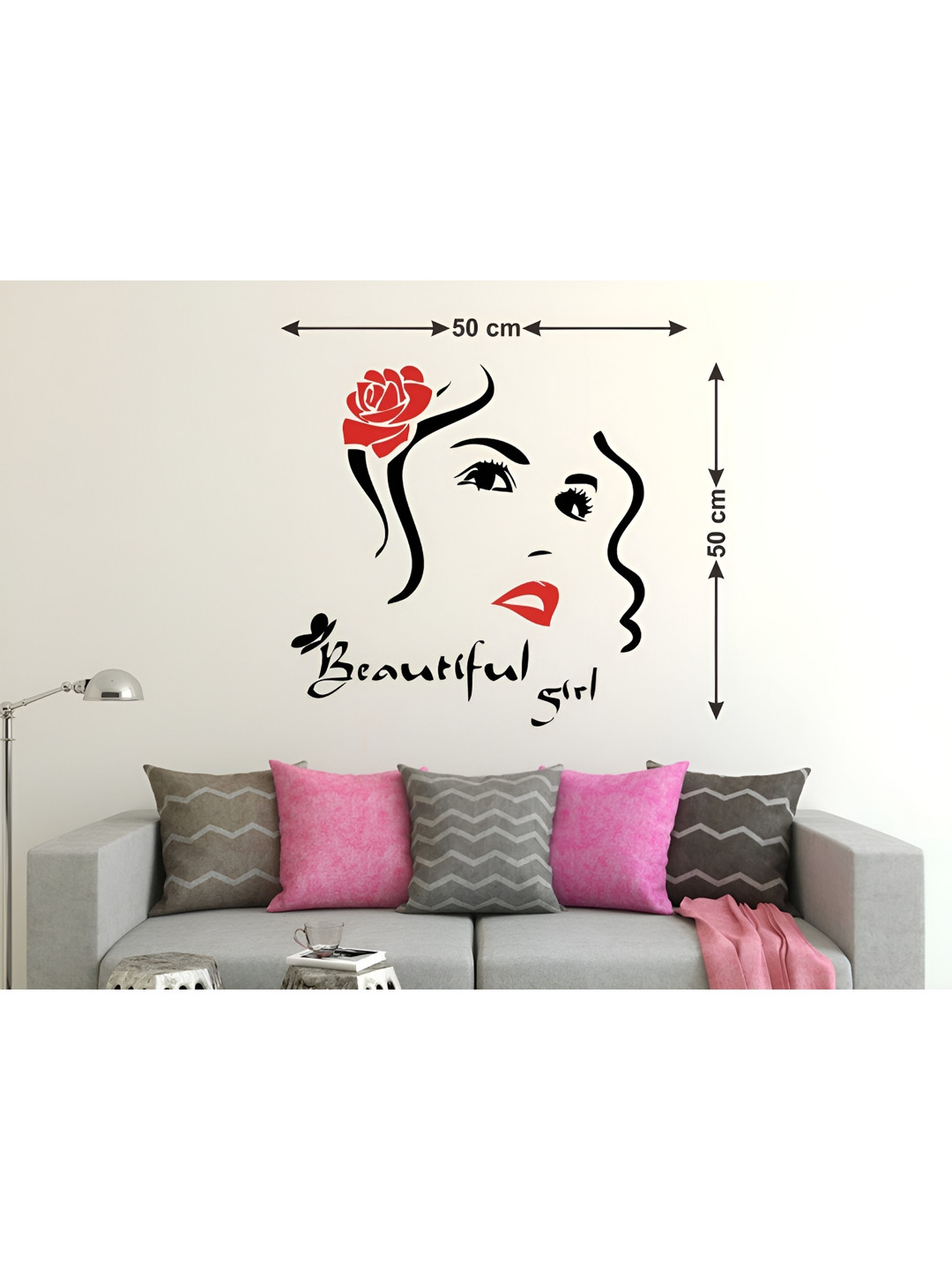 LANSTICK Black & Red Printed Beautiful Girl Face With Flower Self Adhesive Wall Sticker