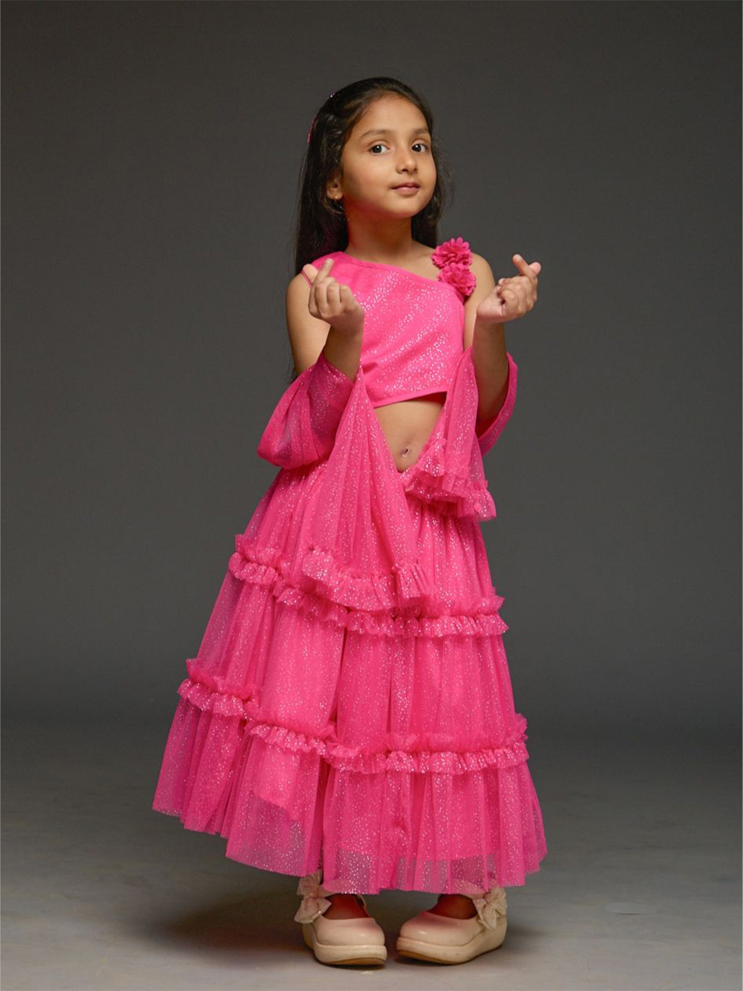 KidsDew Girls Foil Print Ready to Wear Net Flare Lehenga & Choli With Dupatta