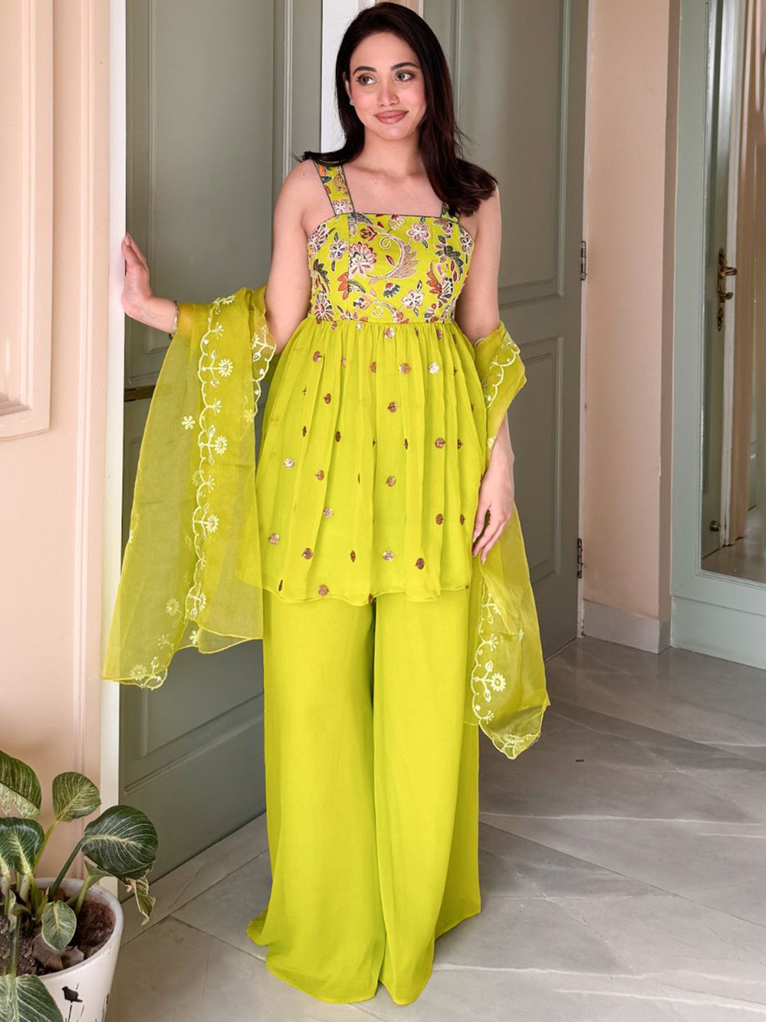 LABEL KANUPRIYA Floral Embroidered Square Neck A-Line Kurta With Sharara & Dupatta