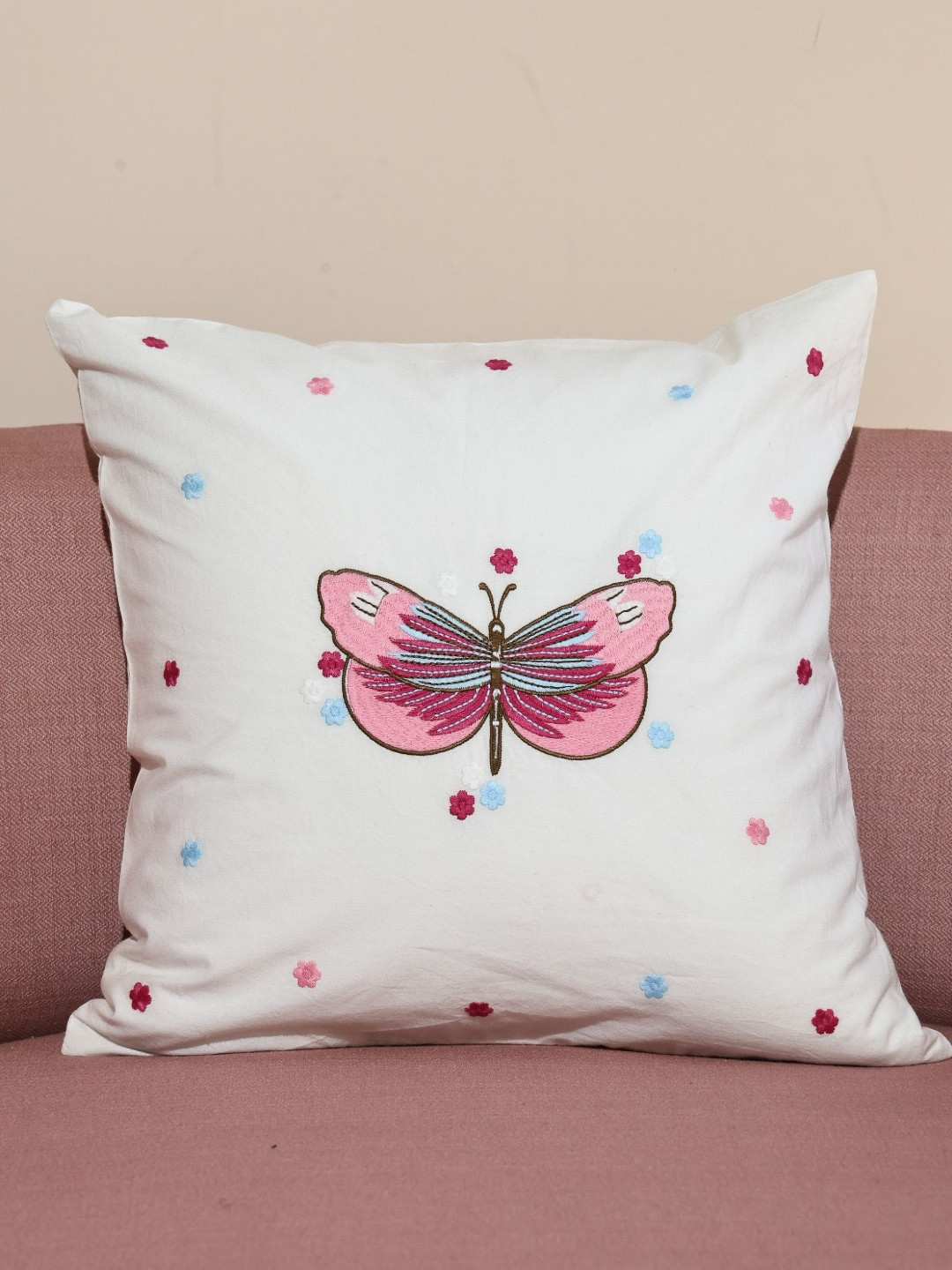 Crown of Poppies Pink & White Whispers Of Spring Embroidered Cotton Square Cushion Cover