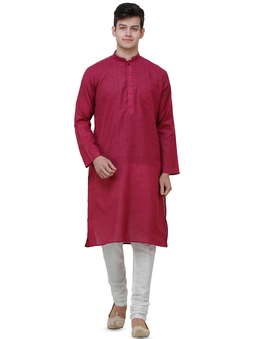 Exotic India Zero Checks In Weave Checked Mandarin Collar Pure Cotton Kurta With Pyjama