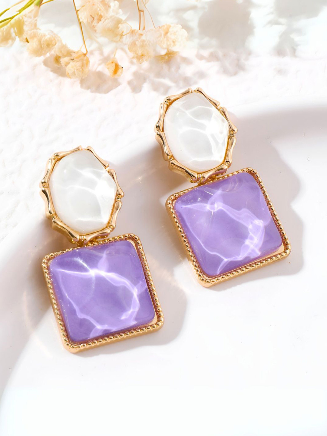 COOLWOOL Gold-Plated Artificial Stones Studded Square Drop Earrings