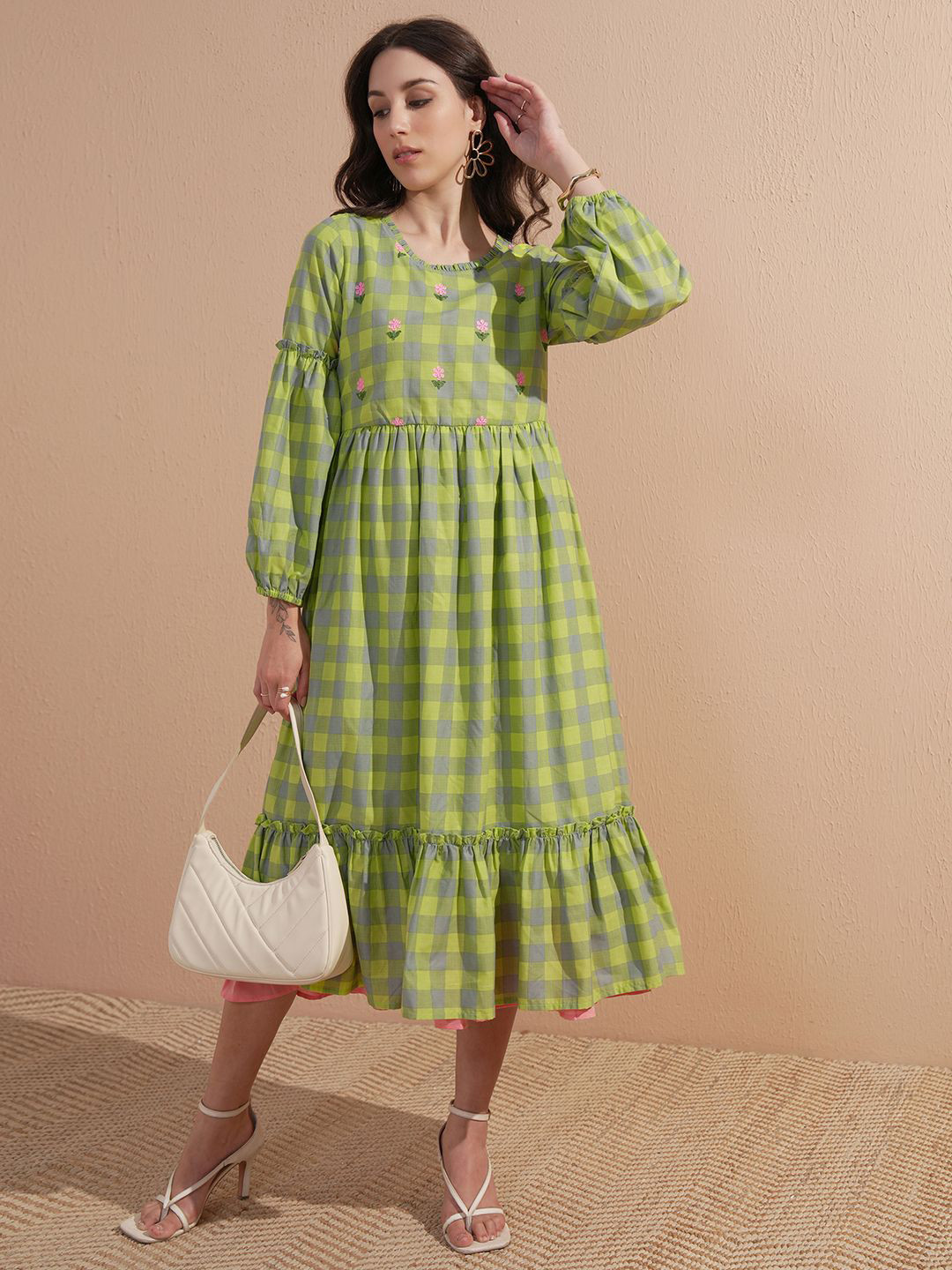 Vishudh Women Checked Round Neck A-Line Dress