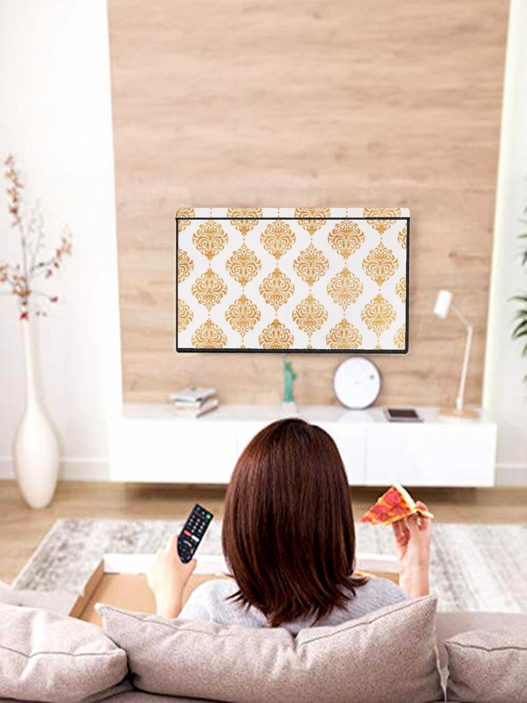MOGNE FAB Golden Colour & White Ethnic Motif Printed Non Woven 32 Inches Led TV Cover