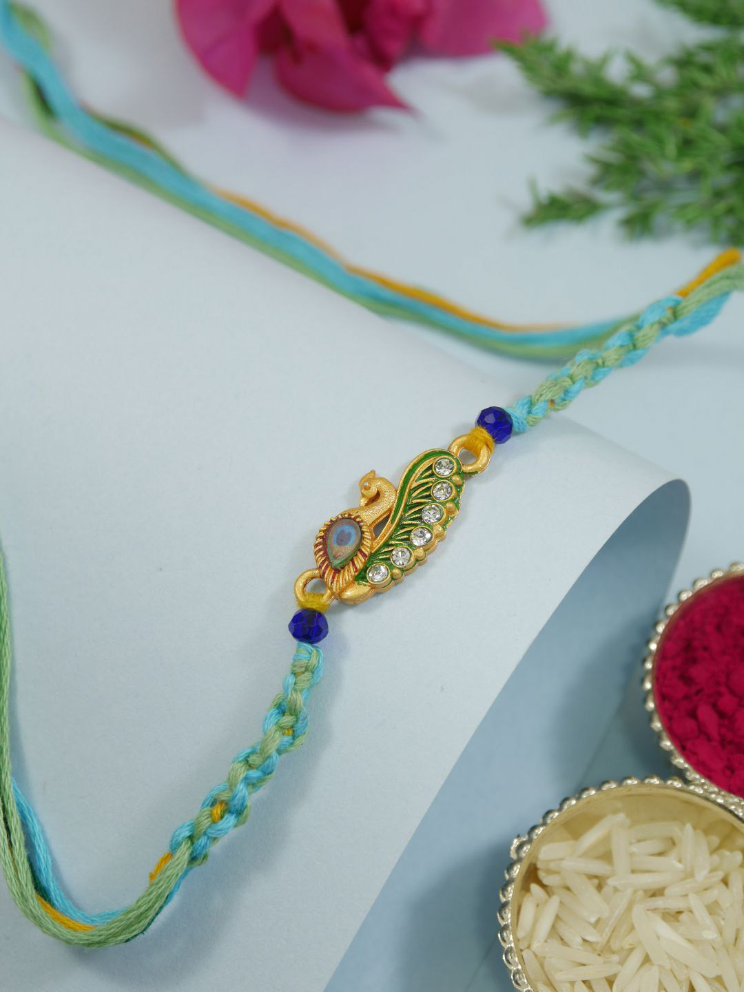 I Jewels Men Blue & Gold-Toned Rakhi with Greeting Card & Roli Chawal
