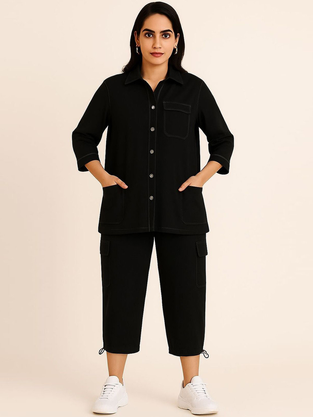 GAB Pure Linen Cotton Shirt Collar Neck Shirt With Cargo Trousers Over Sized Co-Ords