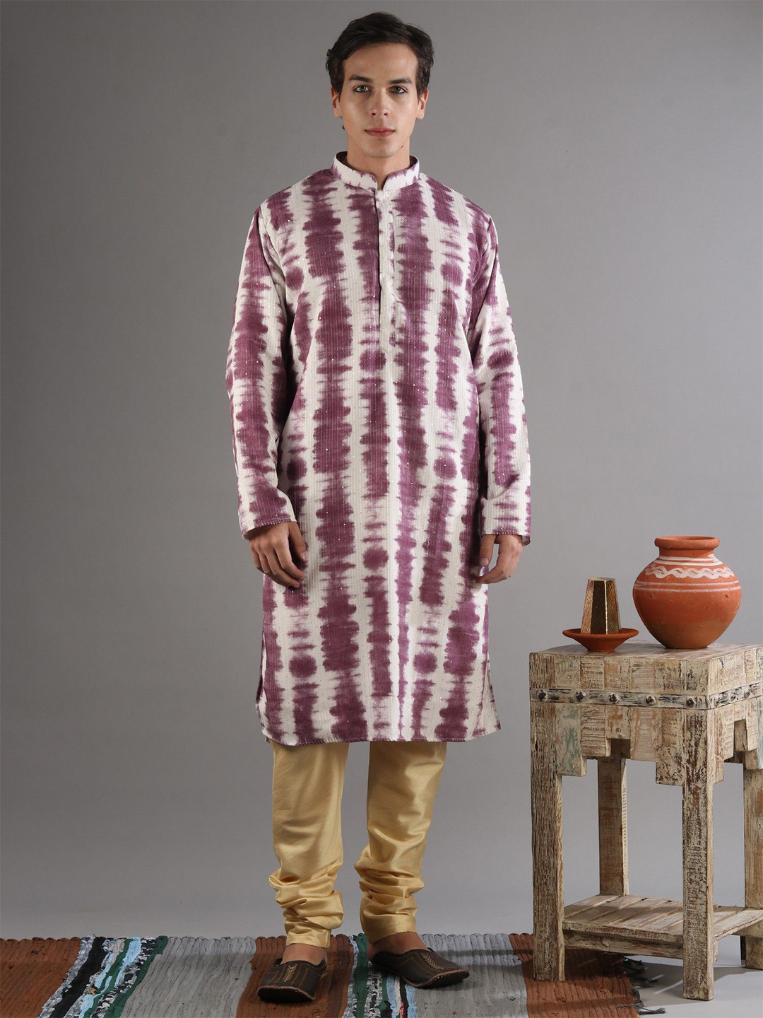Exotic India Men Tie-Dye Printed with Shibori Sequin Work Cotton Silk Kurta Pajama Set