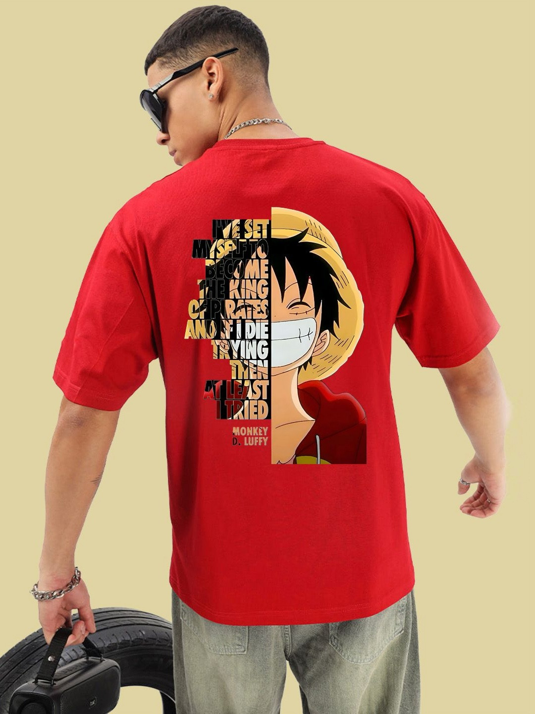 BDSQUARE Men Monkey D Luffy Typography Printed Round Neck Cotton Oversized T-shirt